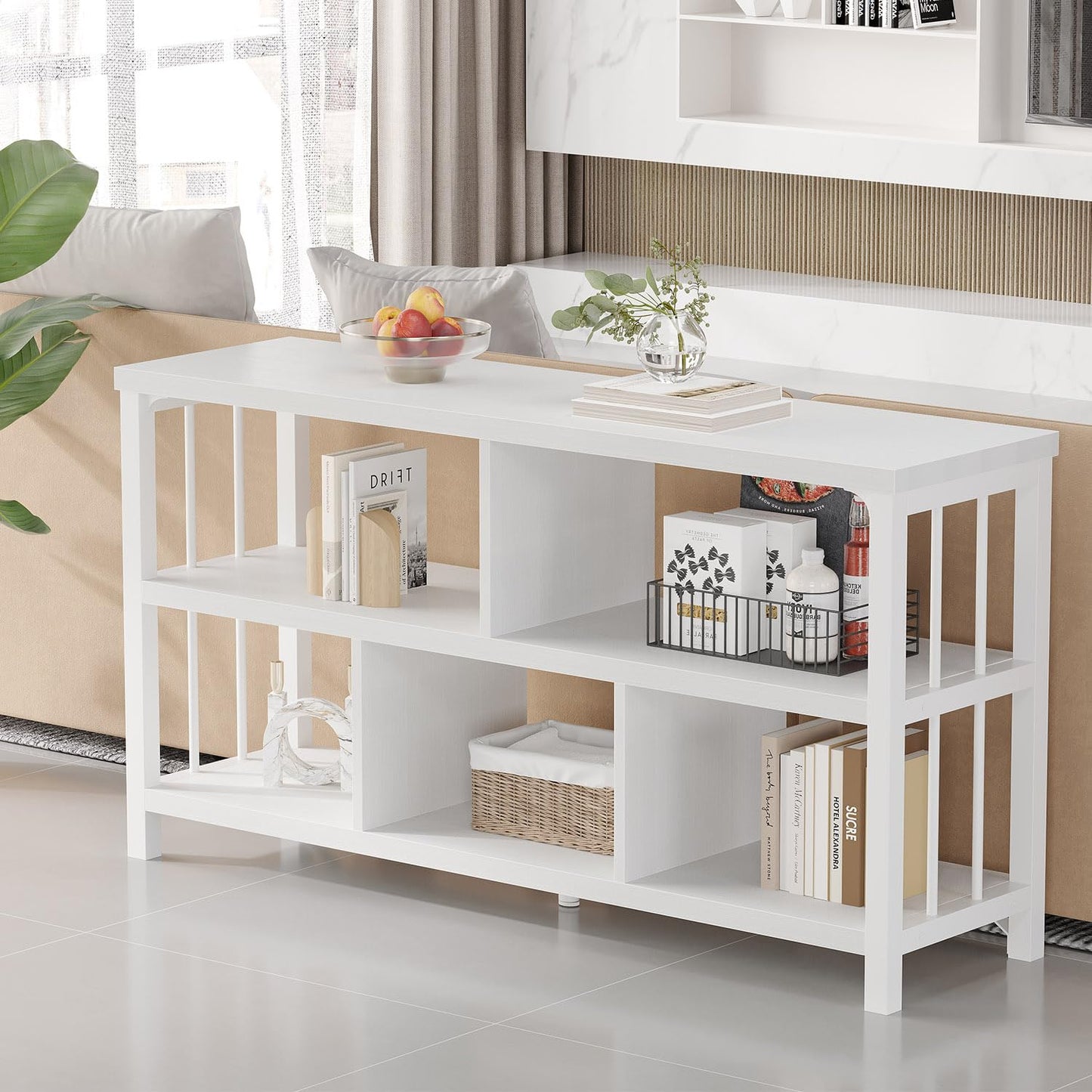 IBF White Wood Bookshelf, Industrial Horizontal Cubby Book Shelf, Low Open Shelf Bookcase for Office Living Room, Modern Short Wide 5 Cube Storage Organizer for Books Display Bedroom, White Oak, 47 In