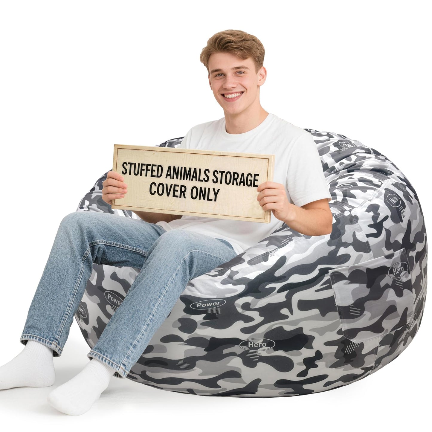 Lukeight Camo Stuffed Animals Storage Bean Bag Chair Cover for Adult Teen, Cozy Velvet Plush Toy Organizer Seat, Cover Only, No Filling Included, Long YKK Zipper, Side Pocket, XXX-Large 42 x 23 in