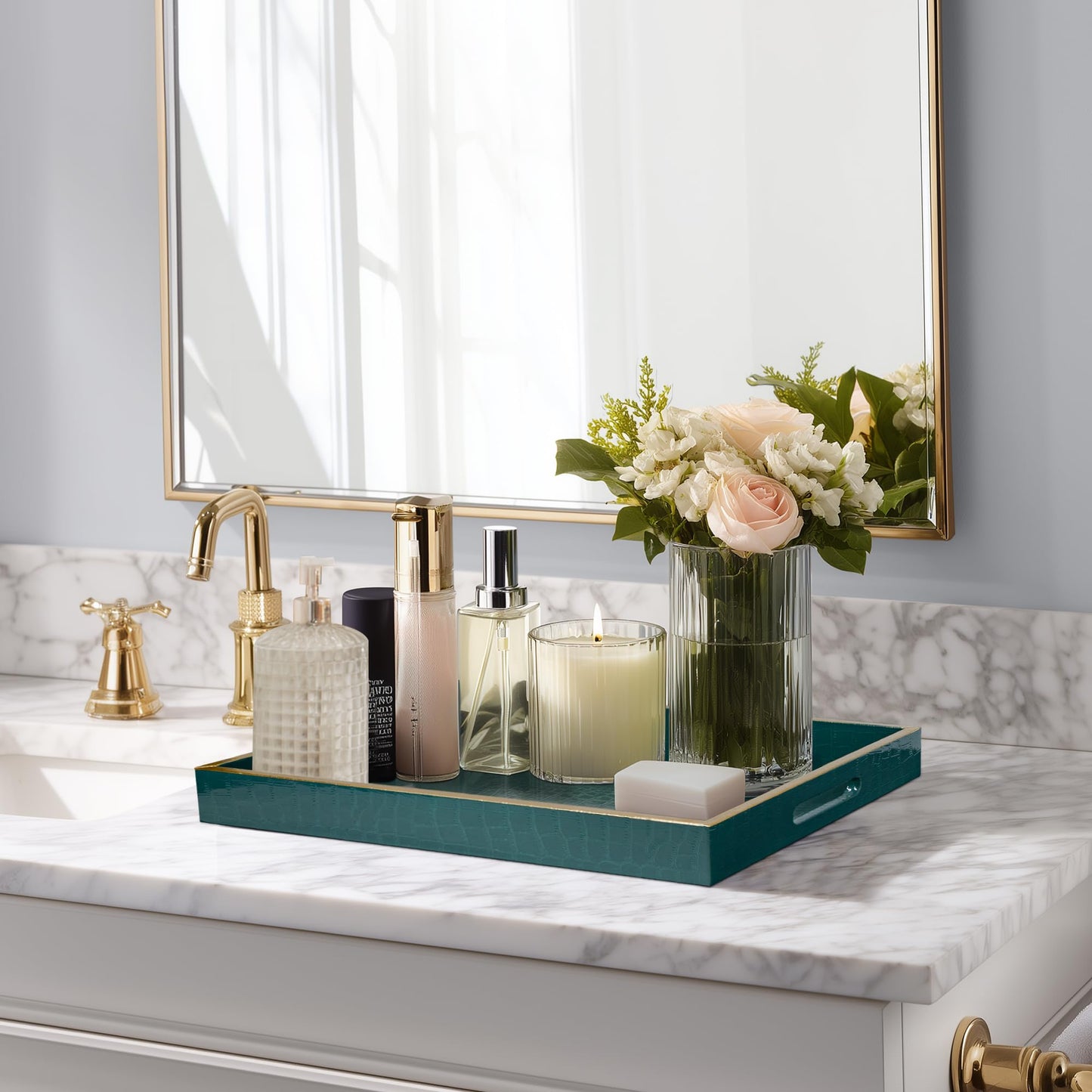 MAONAME Faux Leather Tray, Rectangular Serving Tray with Handles, Green Decorative Trays for Coffee Table, Shagreen Ottoman Trays for Living Room, Office, 17" x 12"