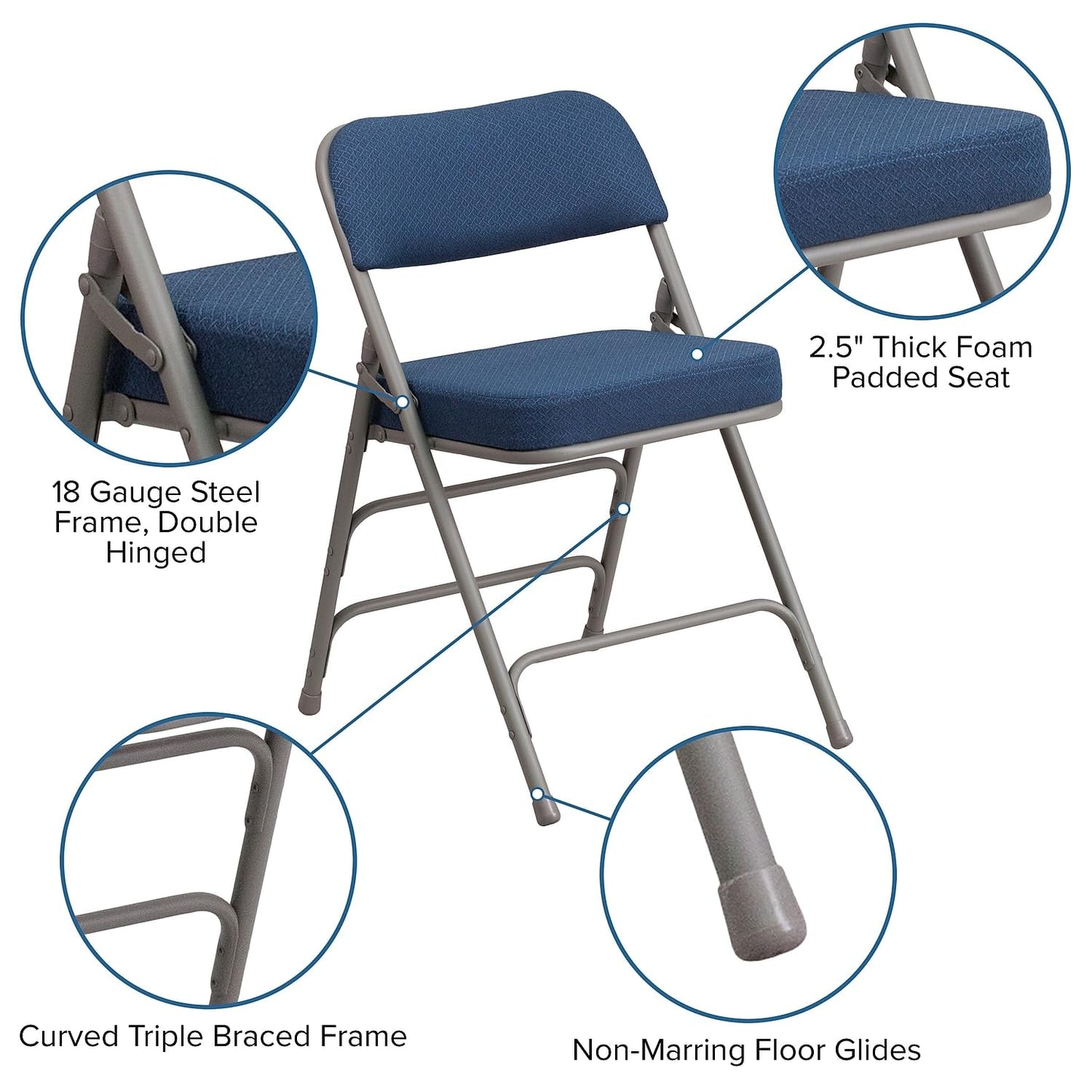 Flash Furniture 4 Pack HERCULES Series Premium Curved Triple Braced & Double Hinged Navy Fabric Metal Folding Chair