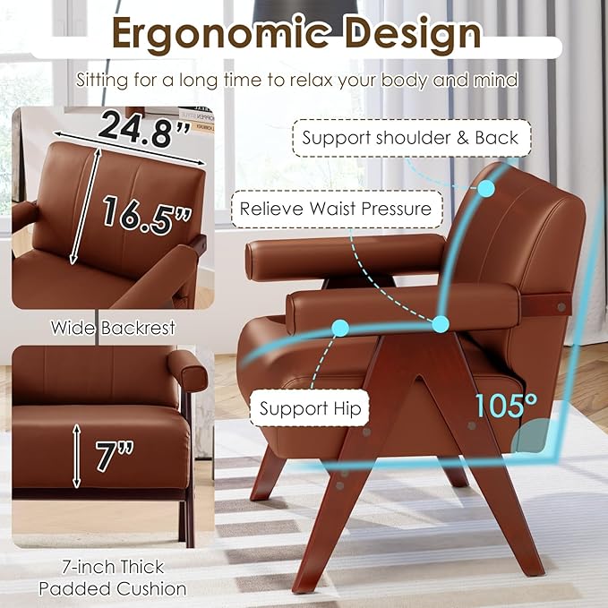 STHOUYN Brown Leather Accent Chairs, Mid Century Modern Chair, Side Arm Chairs