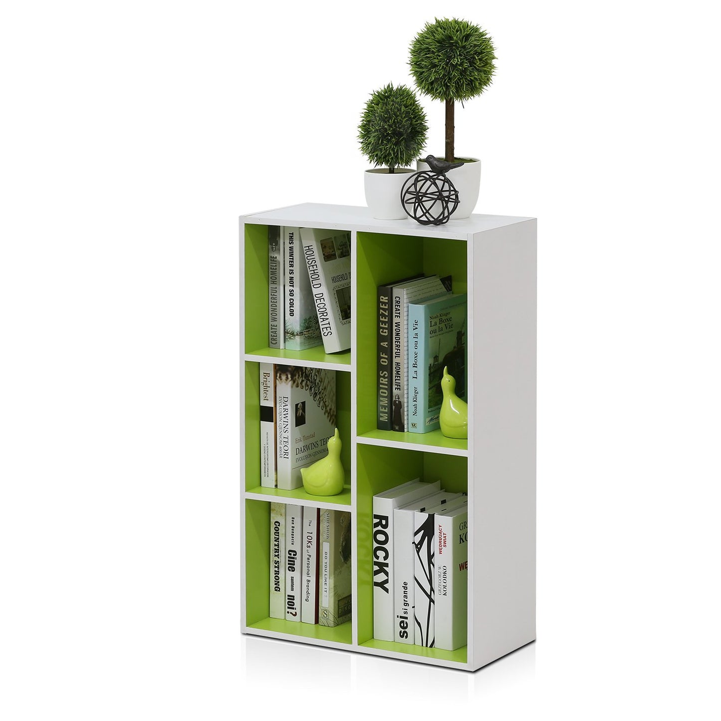 Furinno LUDER Book Shelf, 5-Cube Bookshelf, Reversible Bookcase, 9.4 x 19.5 x 31.5, Easy Assembly, for Living Room, Bedroom, Home Office, White/Green