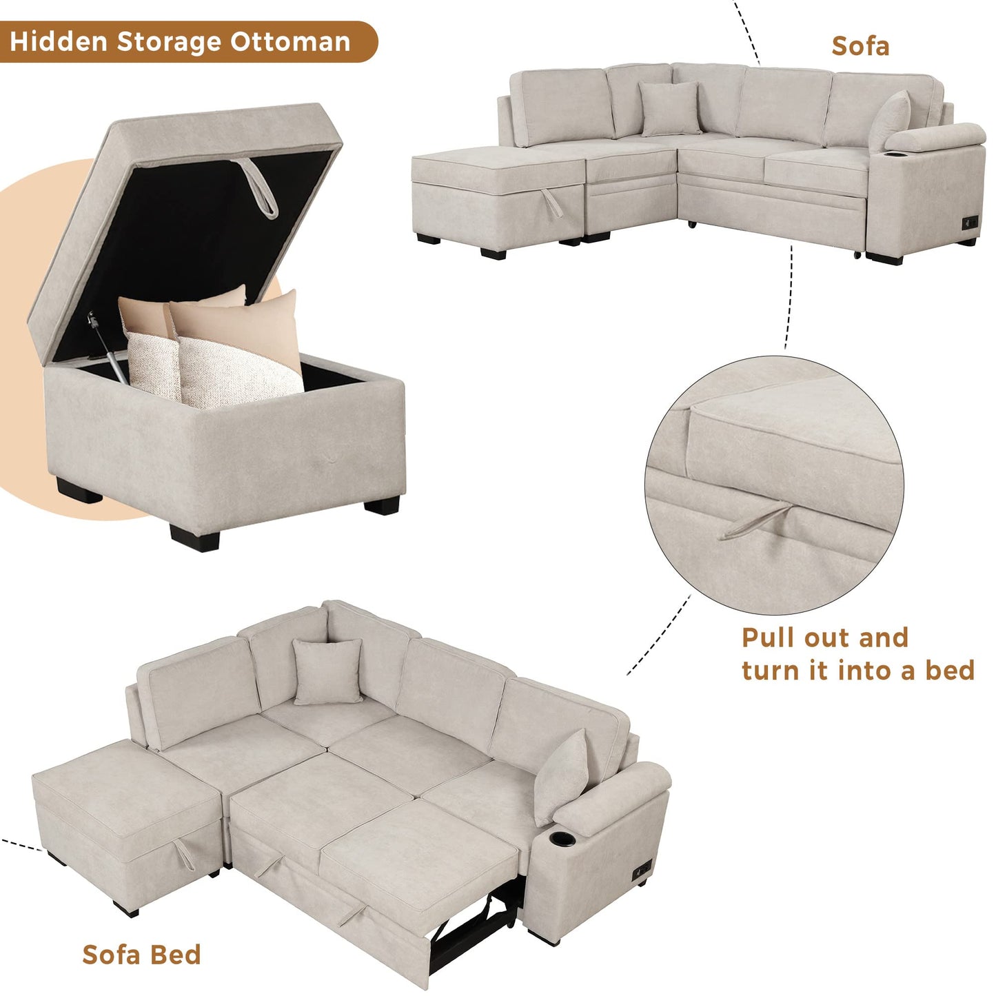ERYE 84.7-Inch Left Facing Corner Sleeper Sectional Sofa Bed for Living Room Office,L-Shaped Fabric Upholstered Convertible Pull Out Sleeper Couch Bed W/Storage Ottoman