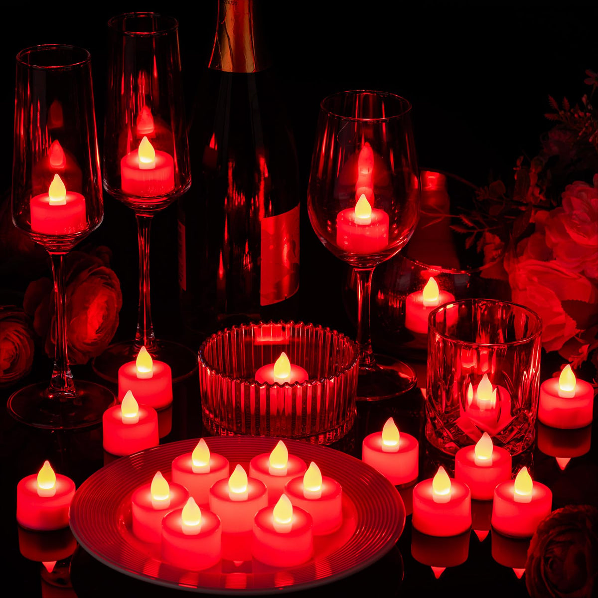 Coume 72 Pack Flameless Tea Light Candle Wedding Flameless Flickering LED Battery Operated Candle for Sweetest Day Anniversary Romantic Night Honeymoon Table Decor(Red)