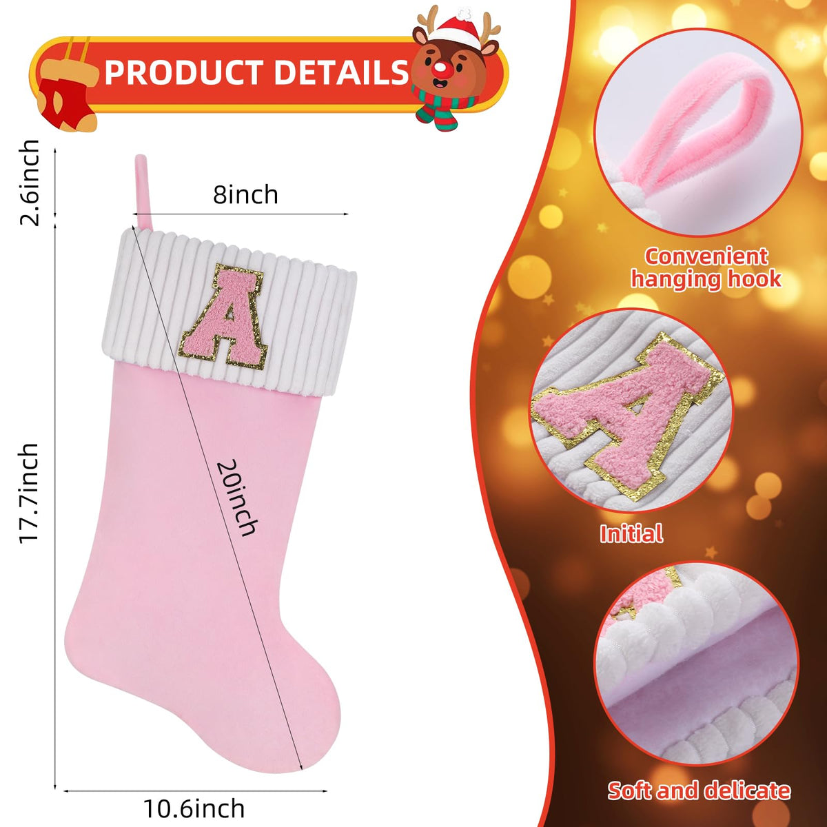 Shgngle 20 Inches Letter Embroidered Christmas Stocking,Personalized Pink Velvet Christmas Stocking,Family Holiday Decorations and Xmas Gift(A)