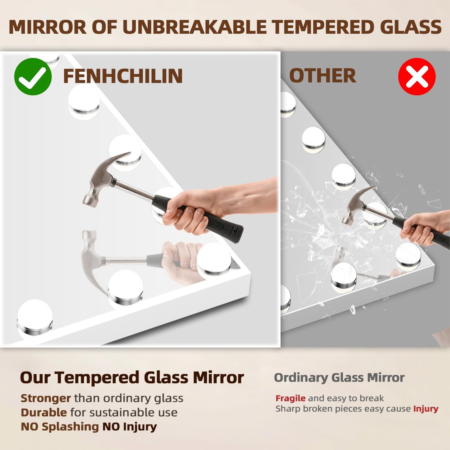 FENCHILIN Vanity Mirror with Lights, Hollywood Lighted Makeup Mirror with 15 Dimmable LED Bulbs for Dressing Room & Bedroom, Slim Metal Frame Design, Tabletop White