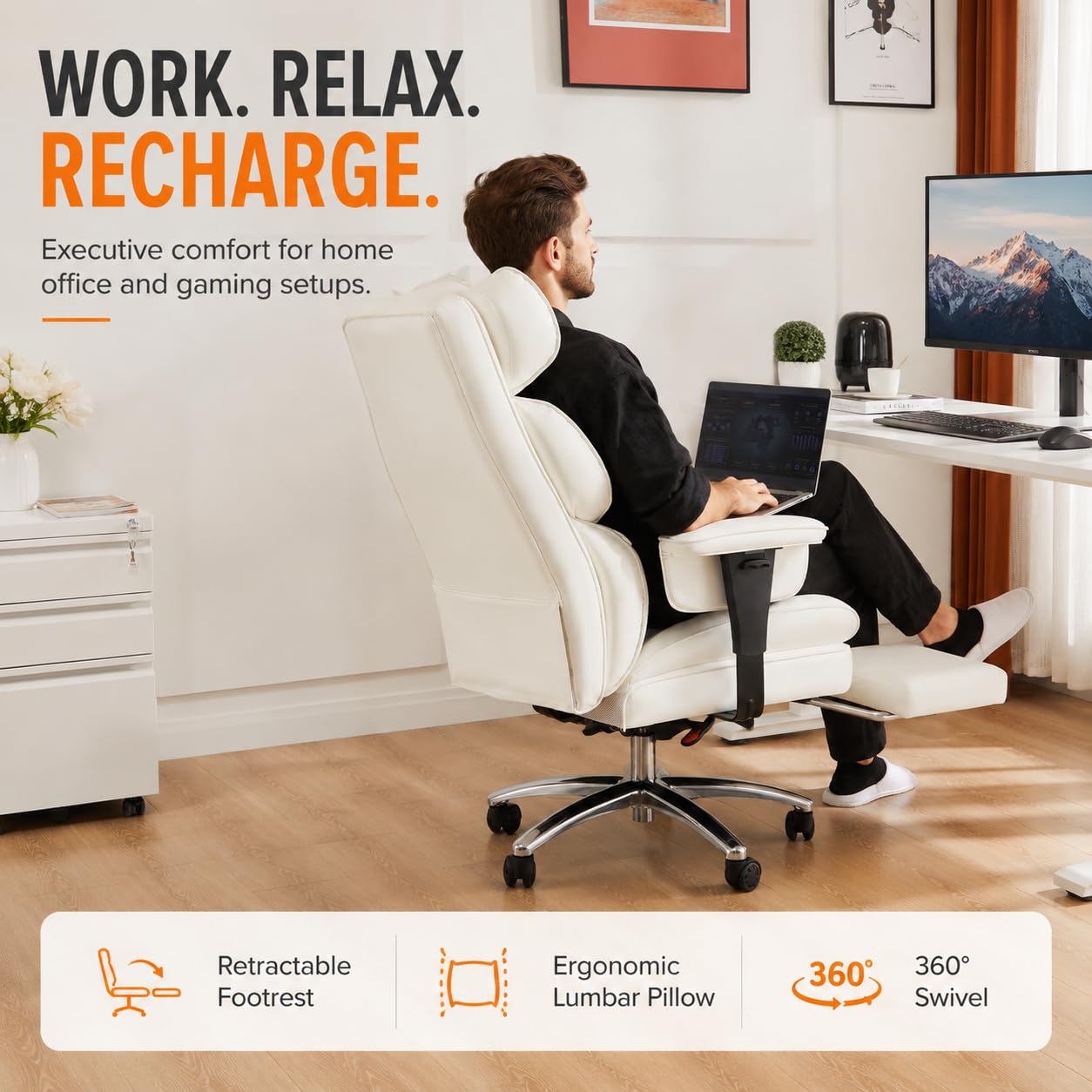 Big and Tall Ergonomic Office Chair with Footrest, Executive High Back PU Leather Desk Chair, Reclining Computer Chair with Adjustable Lumbar Support and Armrests, Swivel Rolling Gaming Chair, Beige