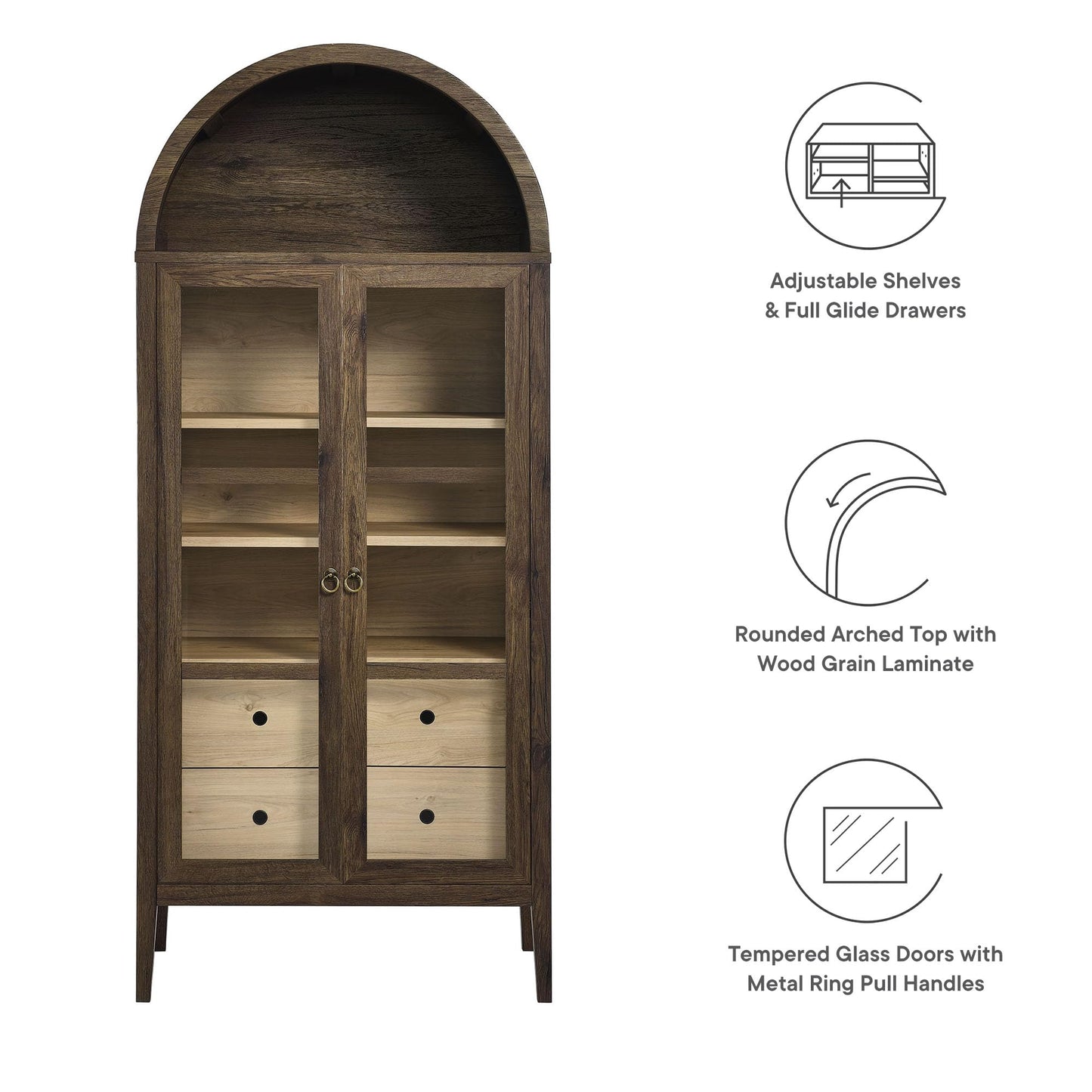 Modway Nolan Modern Farmhouse 71 Inch Tall Arched Storage Display Cabinet in Walnut Hickory Wood Grain - 4-Tier Bookcase with Glass Doors and Shelves - Arch Accent Cabinet for Living Room
