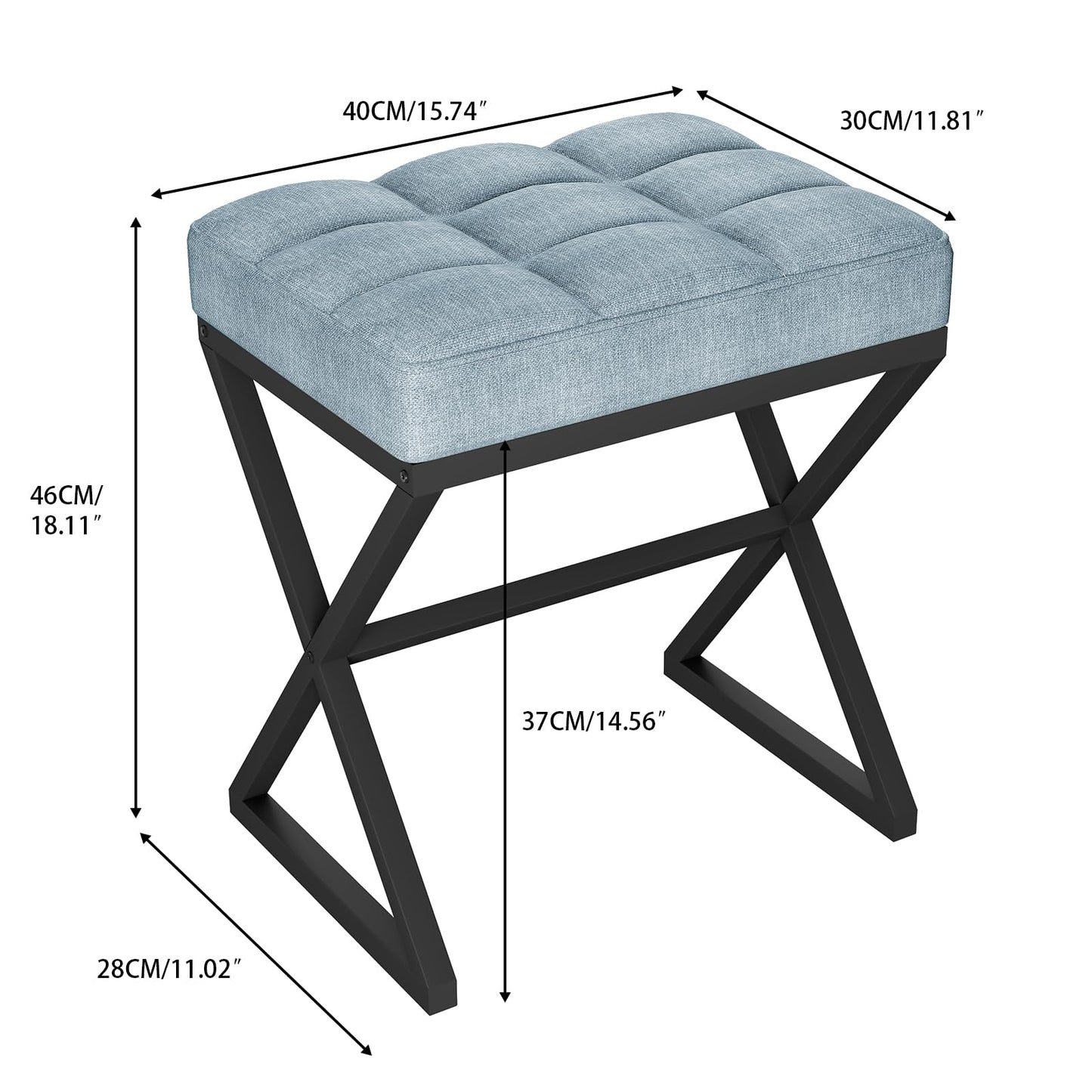 YMYNY Vanity Stool, Linen Footrest Stool, Ottoman Bench with X-Shaped Metal Legs, Makeup Dressing Stool for Vanity, Living Room, Bedroom, Entryway, Hallways 15.74"D×11.81"W×18.11"H Blue Gray UHBD033L