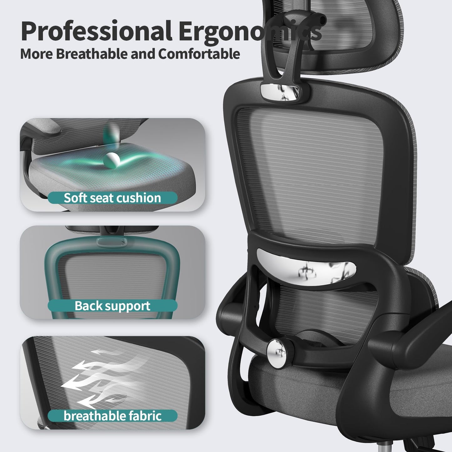 TRALT Office Chair Ergonomic Desk Chair, 330 LBS Home Mesh Office Desk Chairs with Wheels, Comfortable Gaming Chairs (Black Grey)