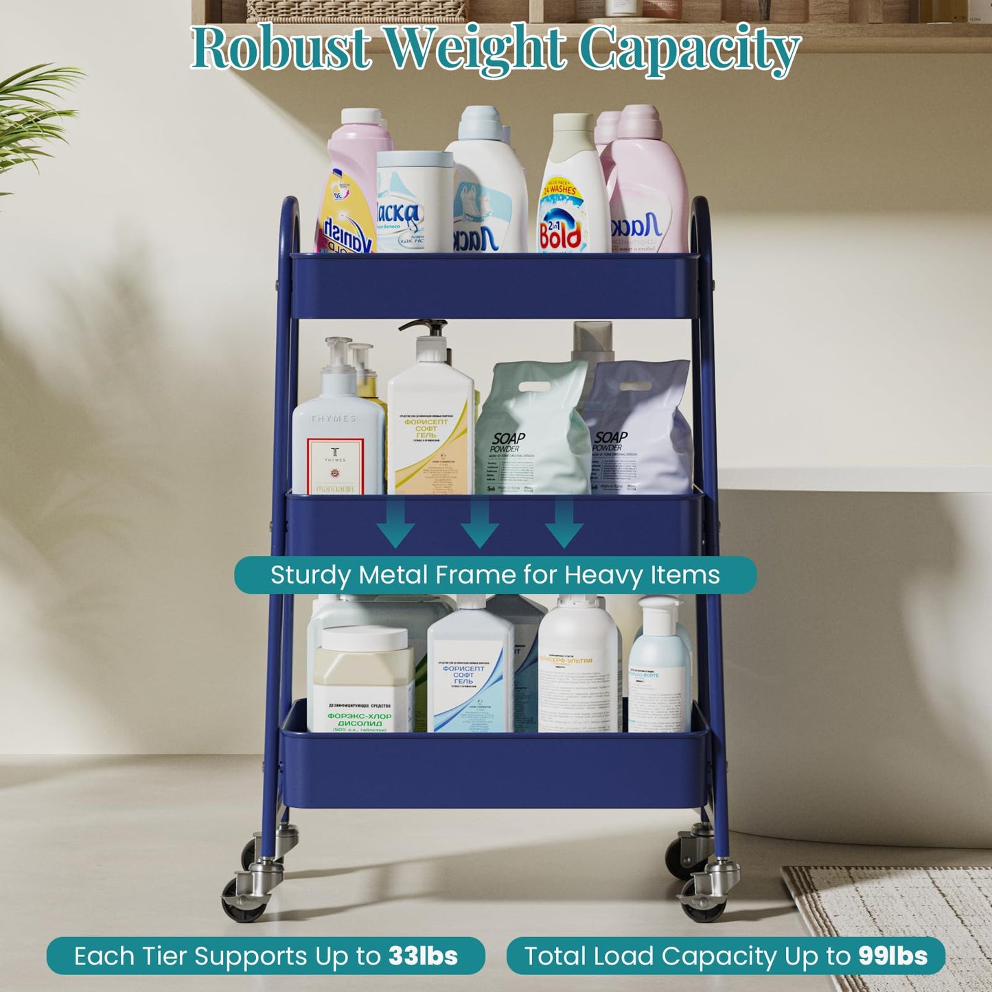 NEWBULIG 3-Tier Metal Rolling Cart with Lockable Wheels, Heavy Duty Mobile Utility Storage Shelf, Roller Book Snack Cart, Organization for Livingroom, Bathroom, Office, Blue