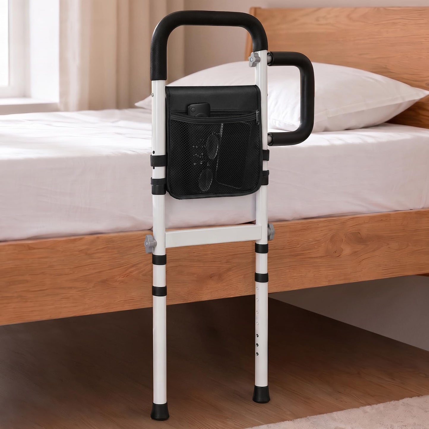 Bed Rails for Elderly Adults Safety, ASTM Certified Bed Rail for Seniors with Motion Sensor Light, Non-Slip Handle & Storage Bag, Height Adjustable Bed Assist Bar with 400LBS Support, Dark Black