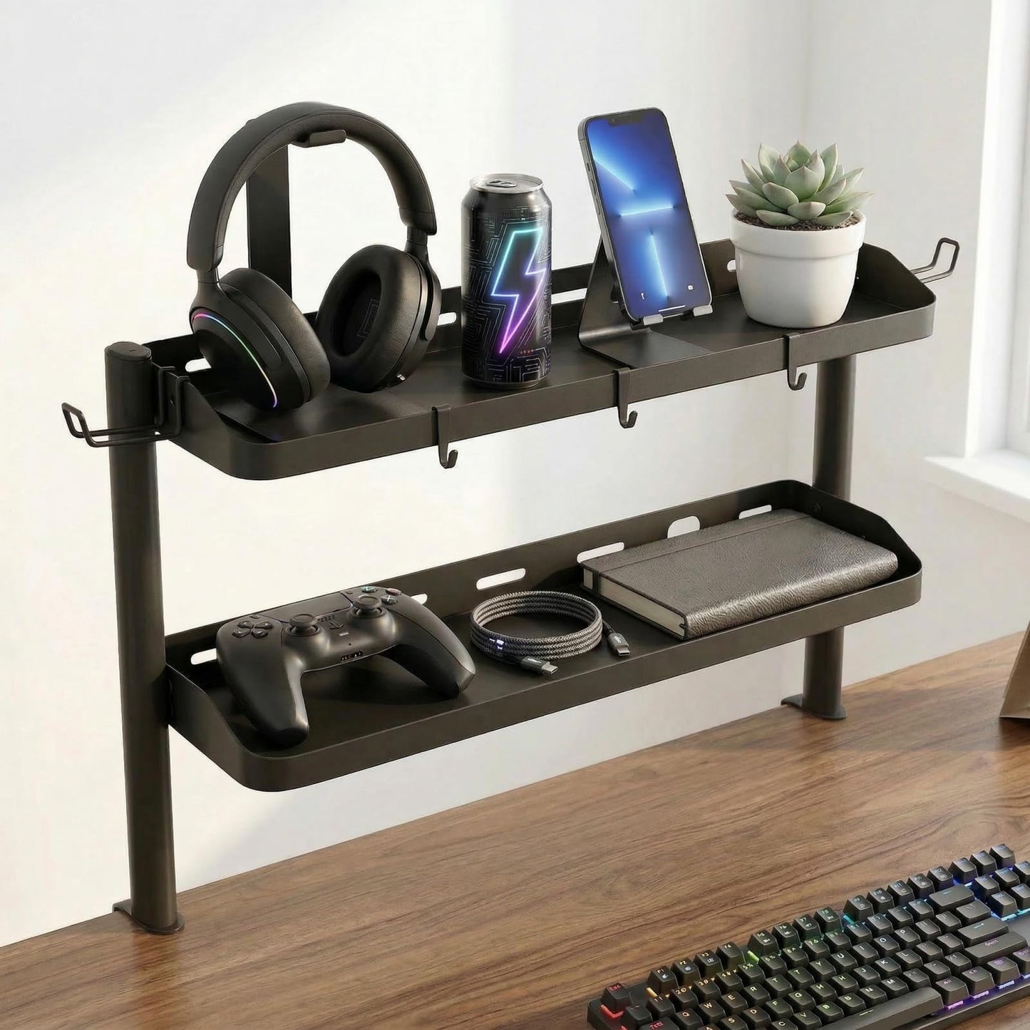 DEARPER Clamp on Desk Shelf, 24in 2-Tier Office Desk Shelves Organizer, Shelf for Top of Desk with Headphone Holder and Hooks, Desktop Storage Rack for Home Workspace, Study Rooms, Gaming Accessories