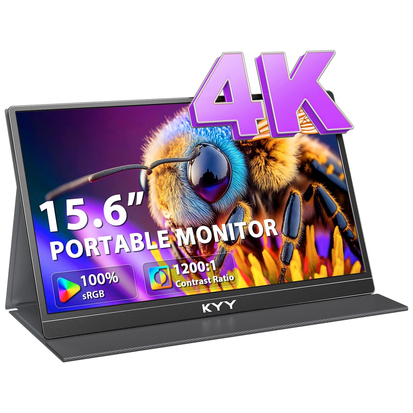 KYY 4K Portable Monitor for Laptop, 15.6'' Computer Screen Extender UHD 3840x2160,100% sRGB, 400 Nits, IPS Travel Monitor w/Speakers & Smart Cover for Laptop Xbox PS5 Switch PC Phone, VESA Compatible