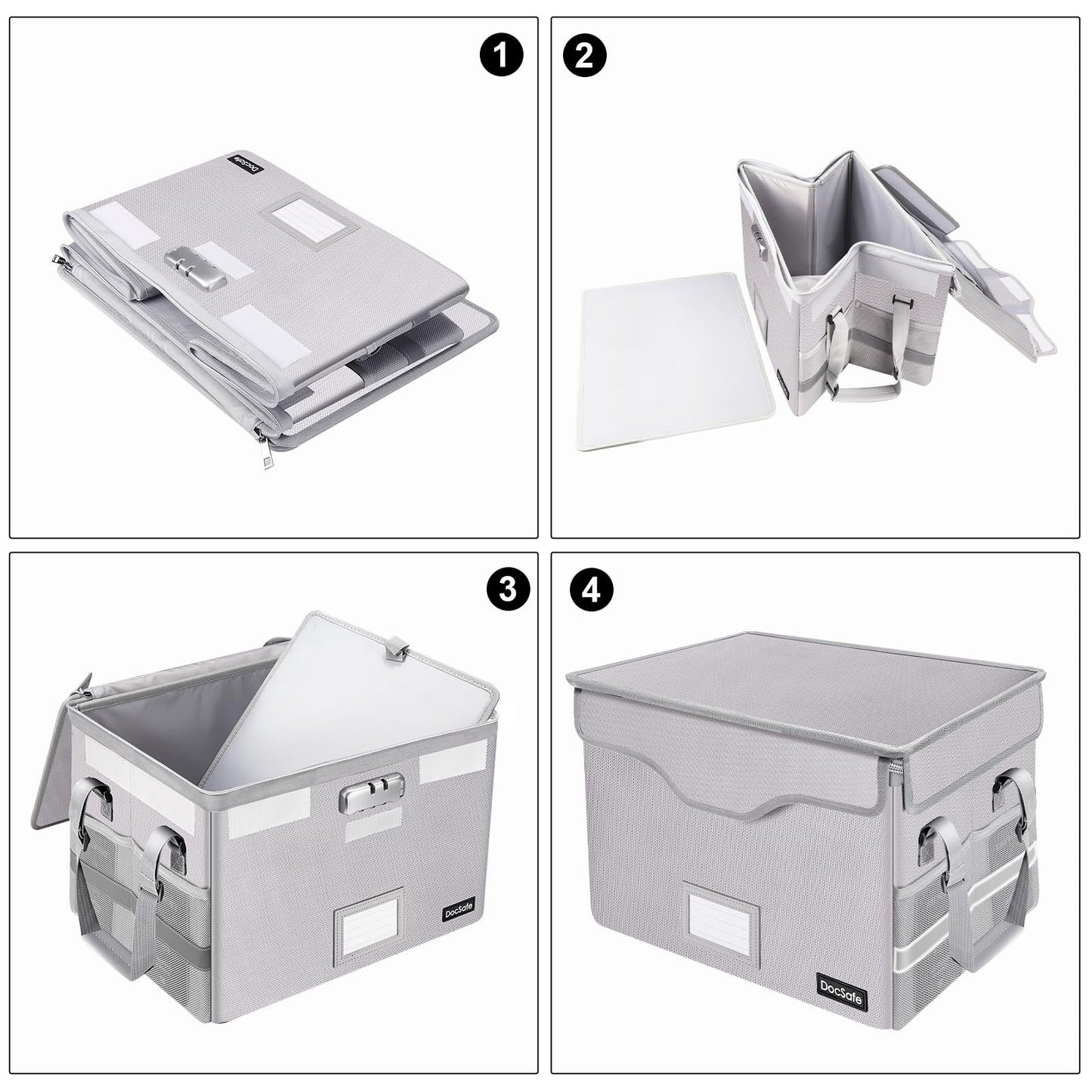 DocSafe Fireproof Document Box with Lock,File Storage Organizer with Zipper Pockets,Collapsible Portable File Box Home Office Safe Filing Cabinet with Handle for Hanging Letter/Legal Folder,Silver