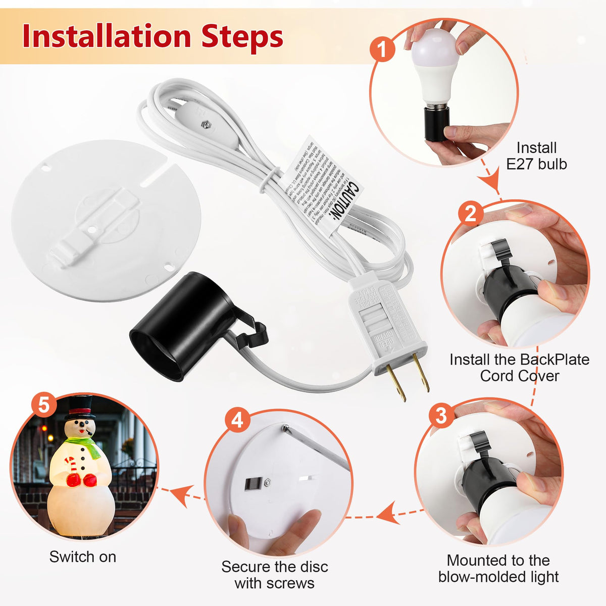 Meonum 1 Set Blow Mold Light Kit Replacement, E27 E26 Single Light Cord Kit with Switch Fuse Plug, for Indoor Outdoor Halloween Christmas Village House Craft Decorations and Salt Lamp
