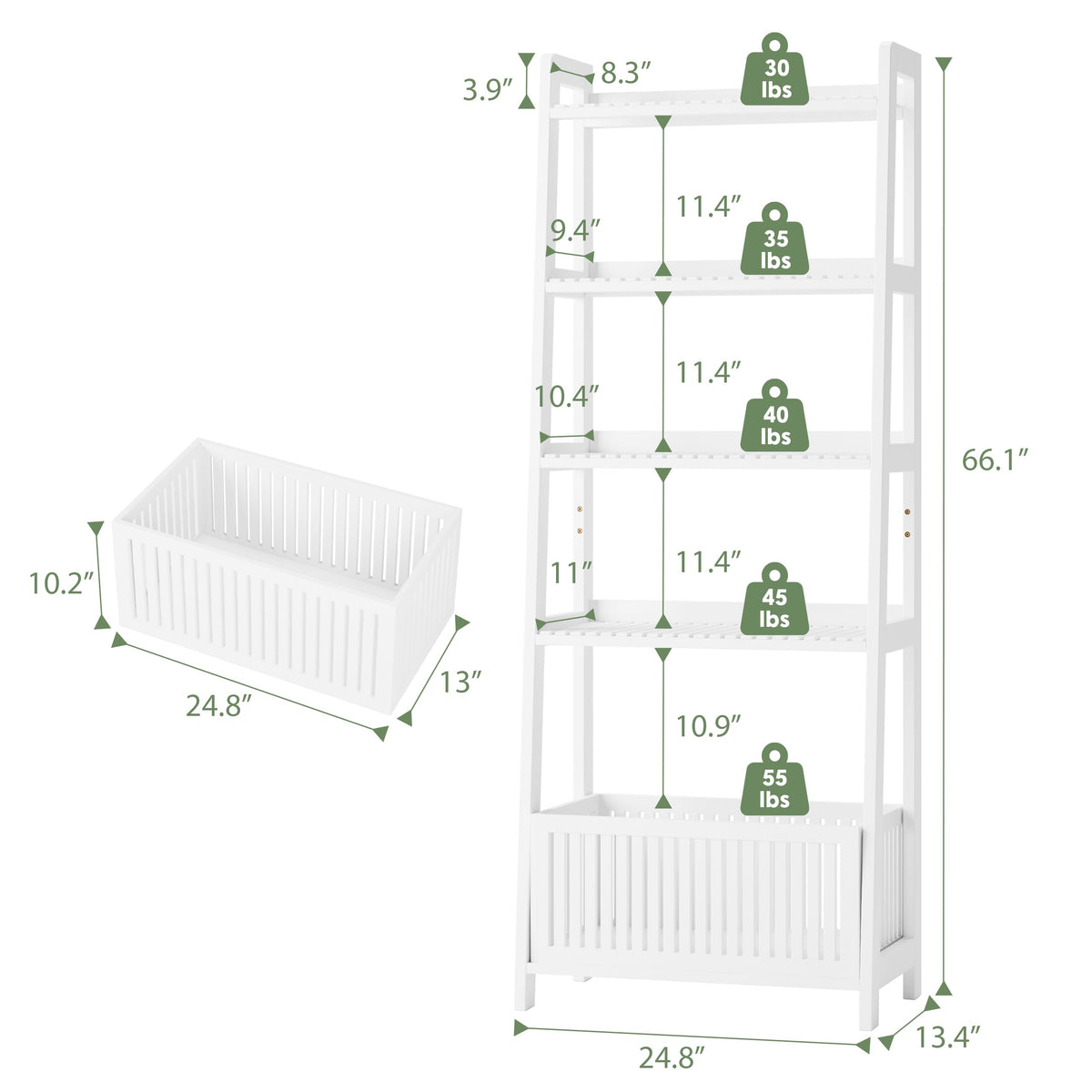 Bamjoy Bamboo White Bookshelf with Slatted Basket, Ladder Bookcase with 4 Display Shelves and 1 Open Storage Basket, Multifunctional Storage Rack Organizer for Home Office, Bedroom, Living Room, 66” H