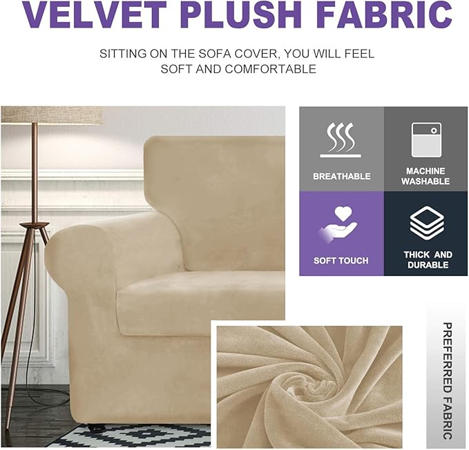ZNSAYOTX Luxury Velvet Couch Cover 4 Piece Stretch Sofa Covers