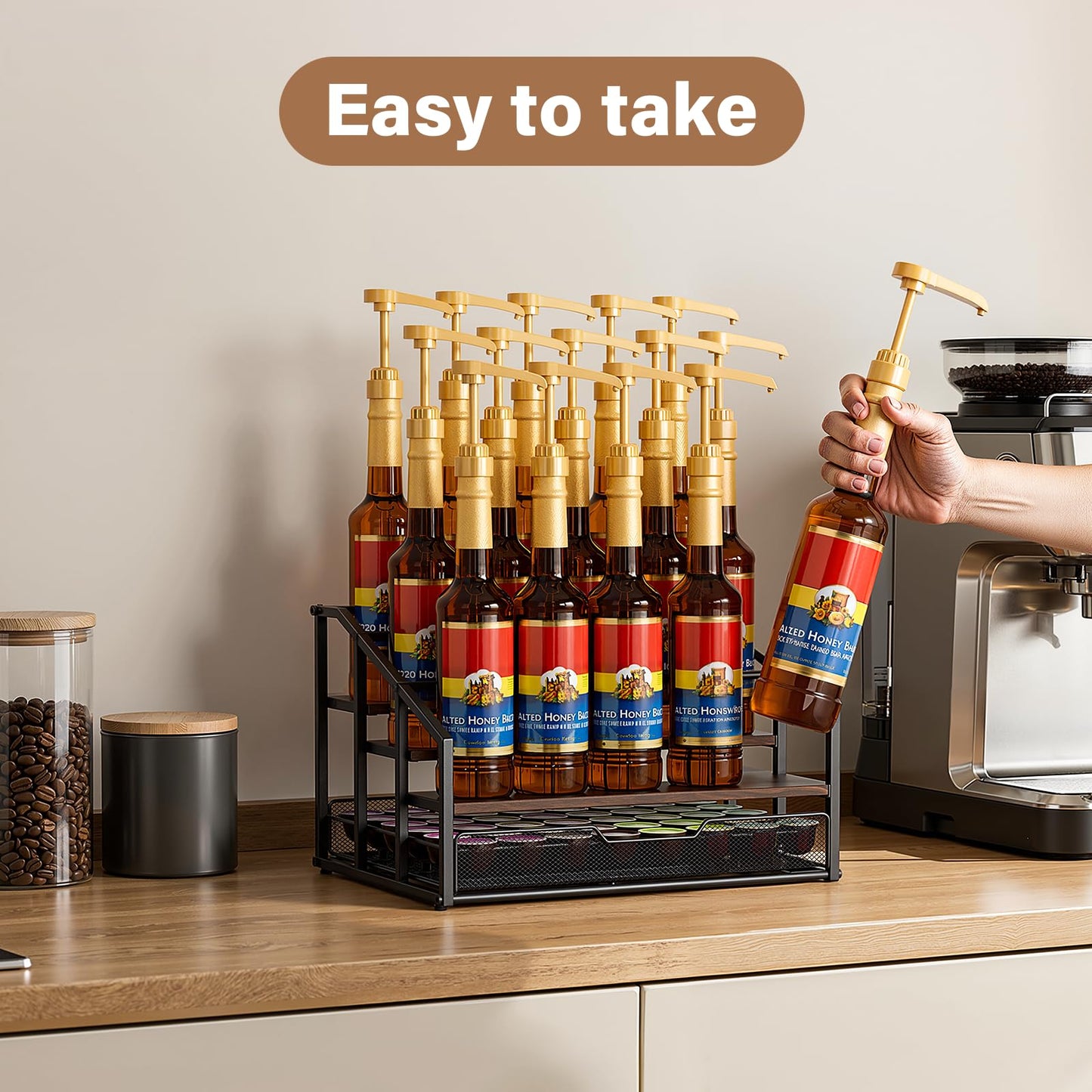 kimilus Coffee Syrup Rack Organizer, 4-Tier 12 Bottle Syrup Rack with 35 K Cup Drawer for Coffee Bar, Countertop Bottle Holder Stand for Dressing for Kitchen Cafe Station