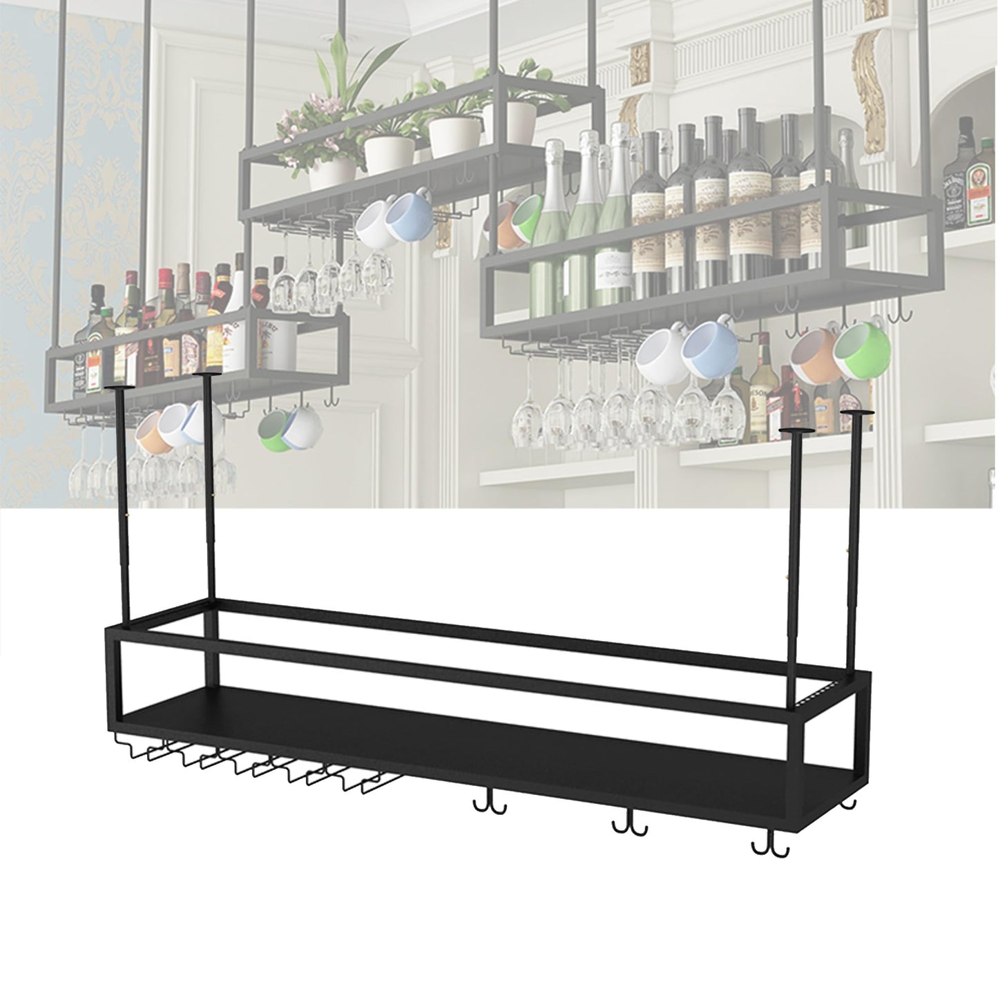 LWJQRSP Wall-Mounted Wine Rack with Glass Holder Floating Bar Shelves for Liquor & Wine Bottles Mini Bar Display Shelf for Home Bar Dining Room Kitchen Café and Restaurant