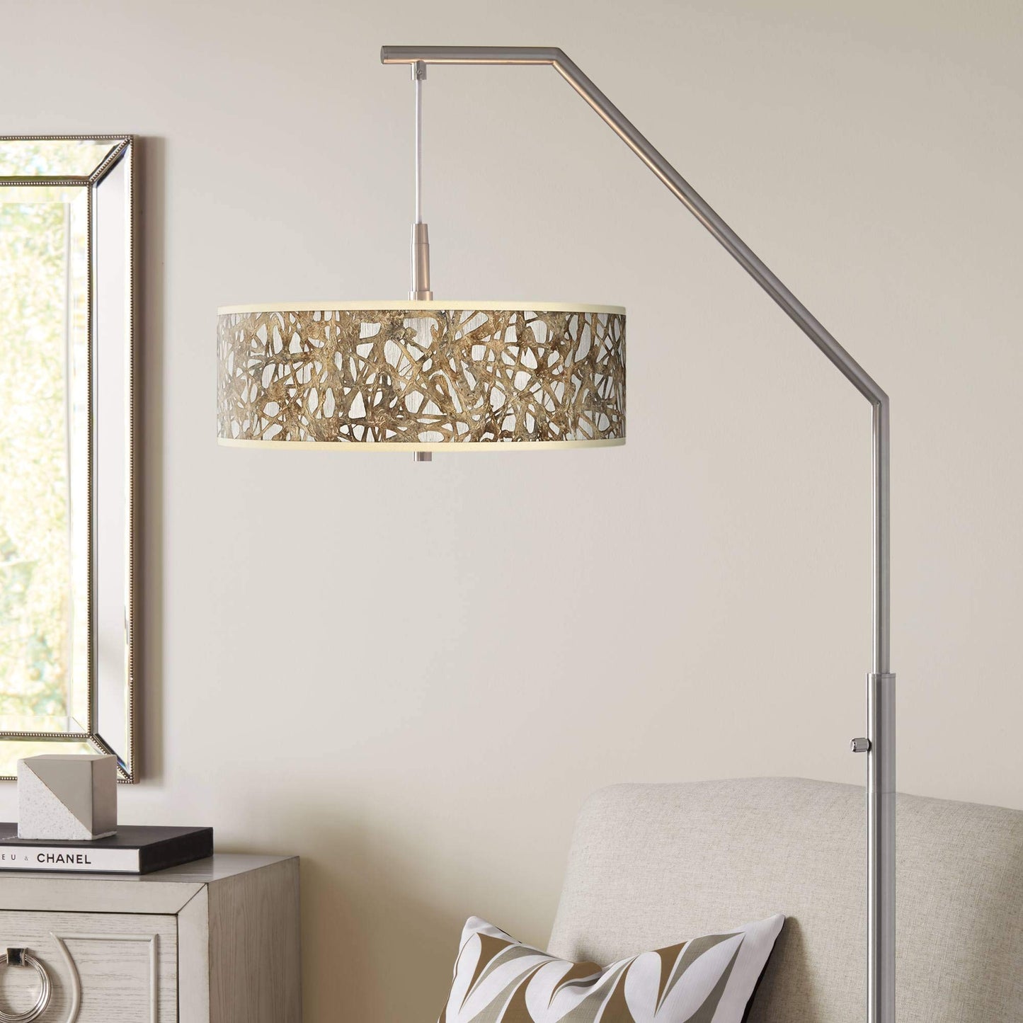 Giclee Glow Organic Nest Giclee Brushed Nickel Arc Floor Lamp with Print Shade