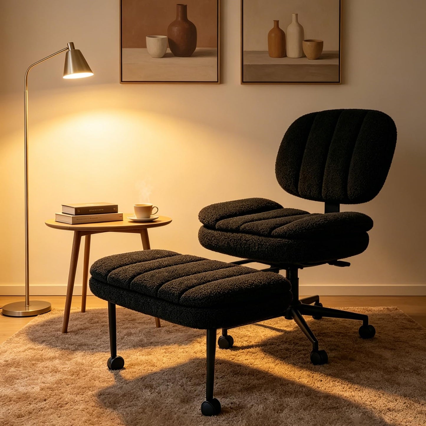 Ergonomic Cross Legged Office Chair with Footrest, 360° Swivel Height Adjustable Faux Shearling Criss Cross Chair, Wide Seat & Back Support for Home Office, ADHD, Black