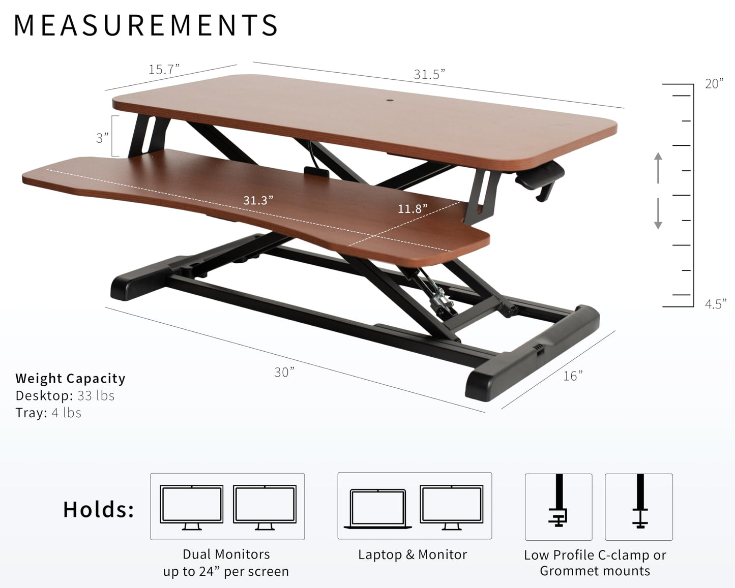 VIVO 32 inch Desk Converter, K Series, Height Adjustable Sit to Stand Riser, Dual Monitor and Laptop Workstation with Wide Keyboard Tray, Dark Walnut Top, Black Frame, DESK-V000KA