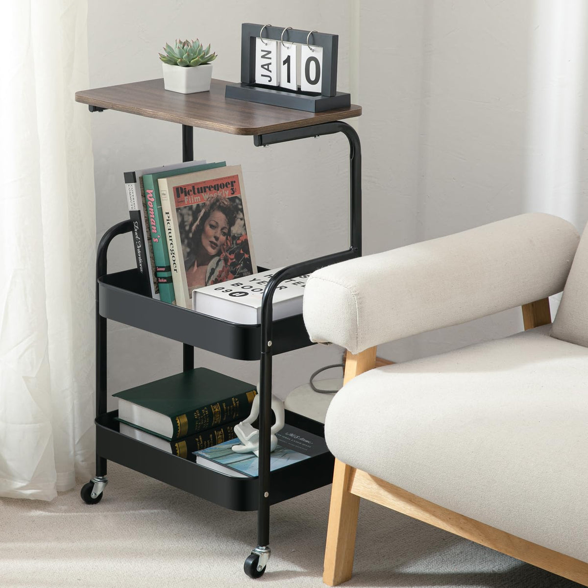 Y YOMA 3 Tier Rolling Utility Cart with Table Top, Metal Storage Organizer with Wheels for Small Space, Office, Kitchen, Bathroom, Dorm, Coffee Station - Black
