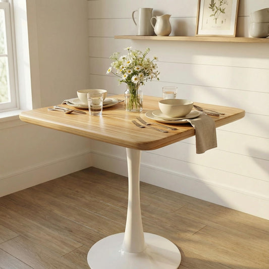 23.6" Square Small Dining Table for 2, Tulip Bistro Table with White Metal Pedestal Base, Modern Mid-Century Compact Kitchen Dining Piece for Home, Café, Restaurant, or Office