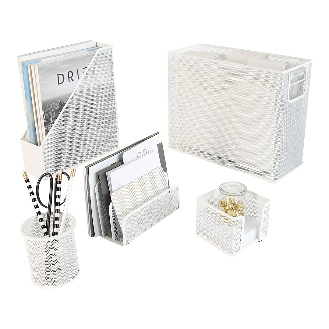 BLU MONACO | White Desk Organizer Set | 5 Piece Metal Office Desk Organizer with Hanging File Holder, Magazine Organizer, Pen Cup, Sticky Note Holder, Mail Sorter | Desk Organizers and Accessories