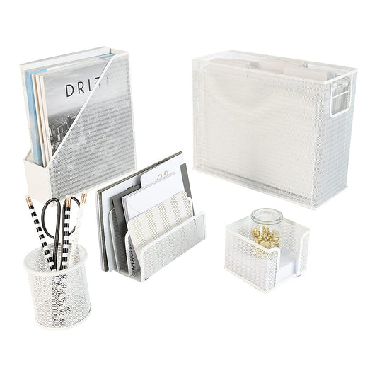 BLU MONACO | White Desk Organizer Set | 5 Piece Metal Office Desk Organizer with Hanging File Holder, Magazine Organizer, Pen Cup, Sticky Note Holder, Mail Sorter | Desk Organizers and Accessories