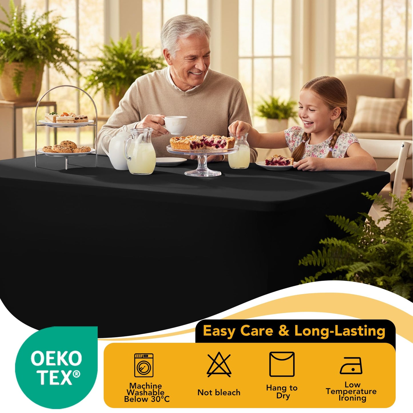 Dailyset 6-Pack Premium Black Spandex Tablecloths for 6ft Rectangle Tables, Stain & Wrinkle-Resistant, Washable Stretch Polyester Fitted Table Cover for Weddings, Banquets, Trade Shows Events