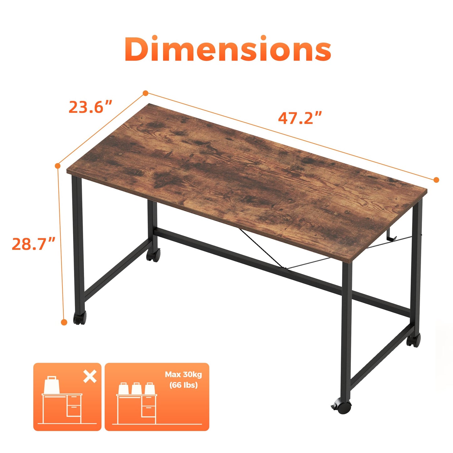 Mericonia 48 inch Rolling Computer Desk with Wheels, Gaming Desk for Small Spaces, Modern Simple Style Table for Home Office, Study Writing Table