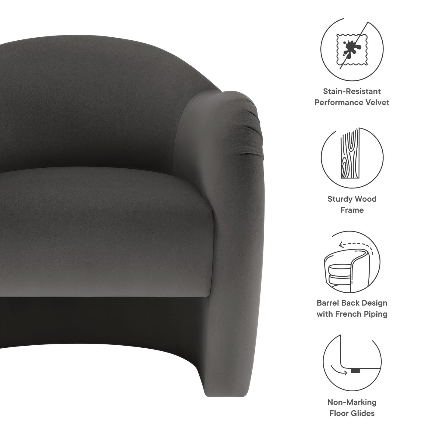 Modway Compose Barrel Chair with Performance Velvet Fabric in Storm Gray – Upholstered Accent Armchair with Curved Backrest – Cozy Lounge Chair for Reading – Round Comfy Single Sofa Club Chair