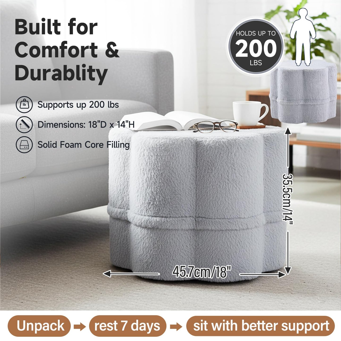 Tiita Floral Pouf Ottoman, Foot Stools Ottoman with Foam Chunk Filling, Puff Foot Rest for Couch, Living Room, Kids Room, Grey