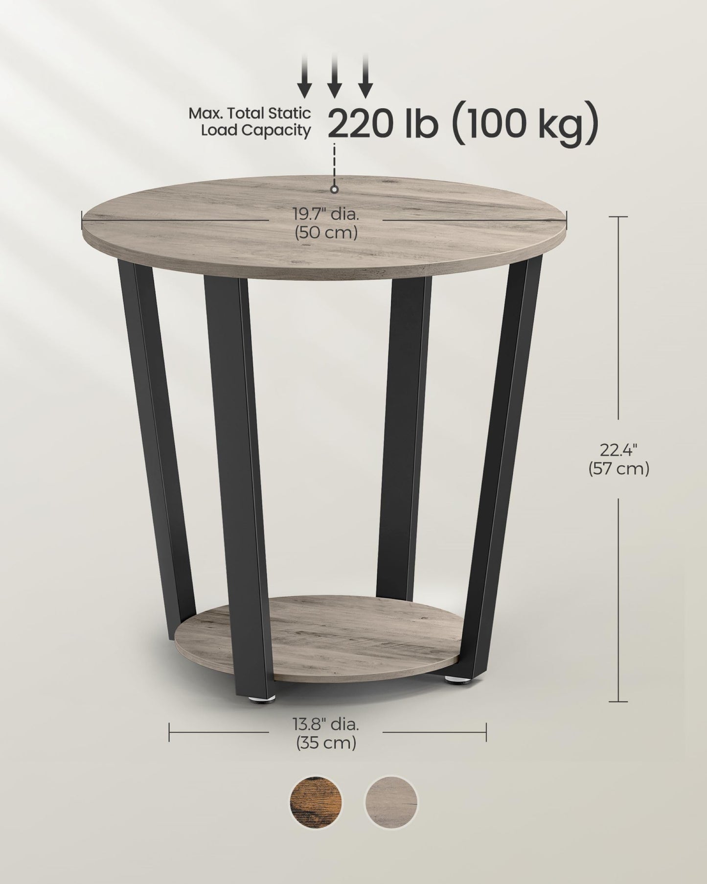 VASAGLE Round Side End Table, 2-Tier Accent Bedside Table with Storage Shelf, Easy Assembly, Nightstand for Small Spaces, Living Room, Bedroom, Heather Greige and Ink Black ULET057B02