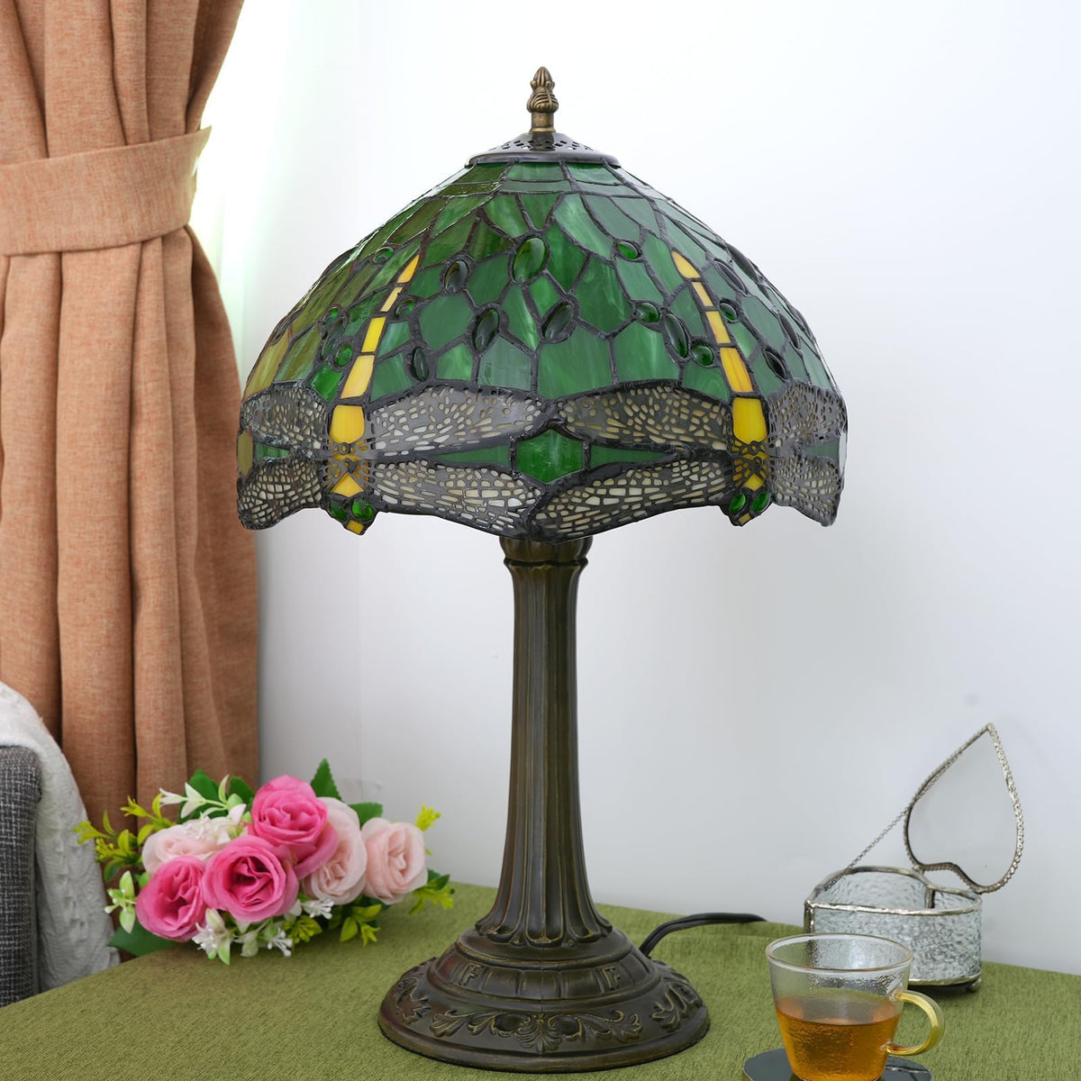 wecrejoni Tiffany Lamp Green Dragonfly Stained Glass Table Lamp 12X12X18 Inches Green Dragonfly Style Desk Reading Light Decor Beside Bedroom Living Room Home