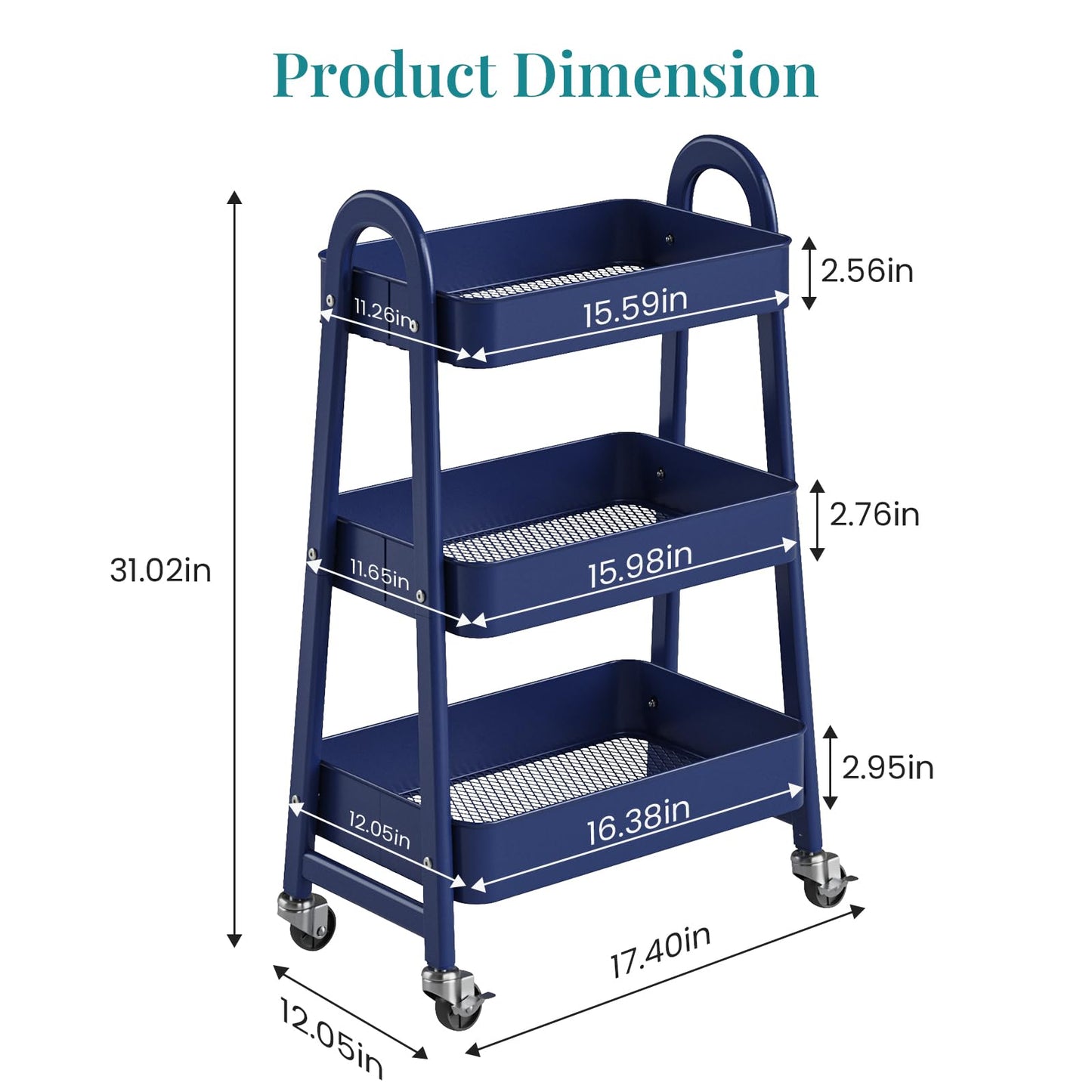 NEWBULIG 3-Tier Metal Rolling Cart with Lockable Wheels, Heavy Duty Mobile Utility Storage Shelf, Roller Book Snack Cart, Organization for Livingroom, Bathroom, Office, Blue