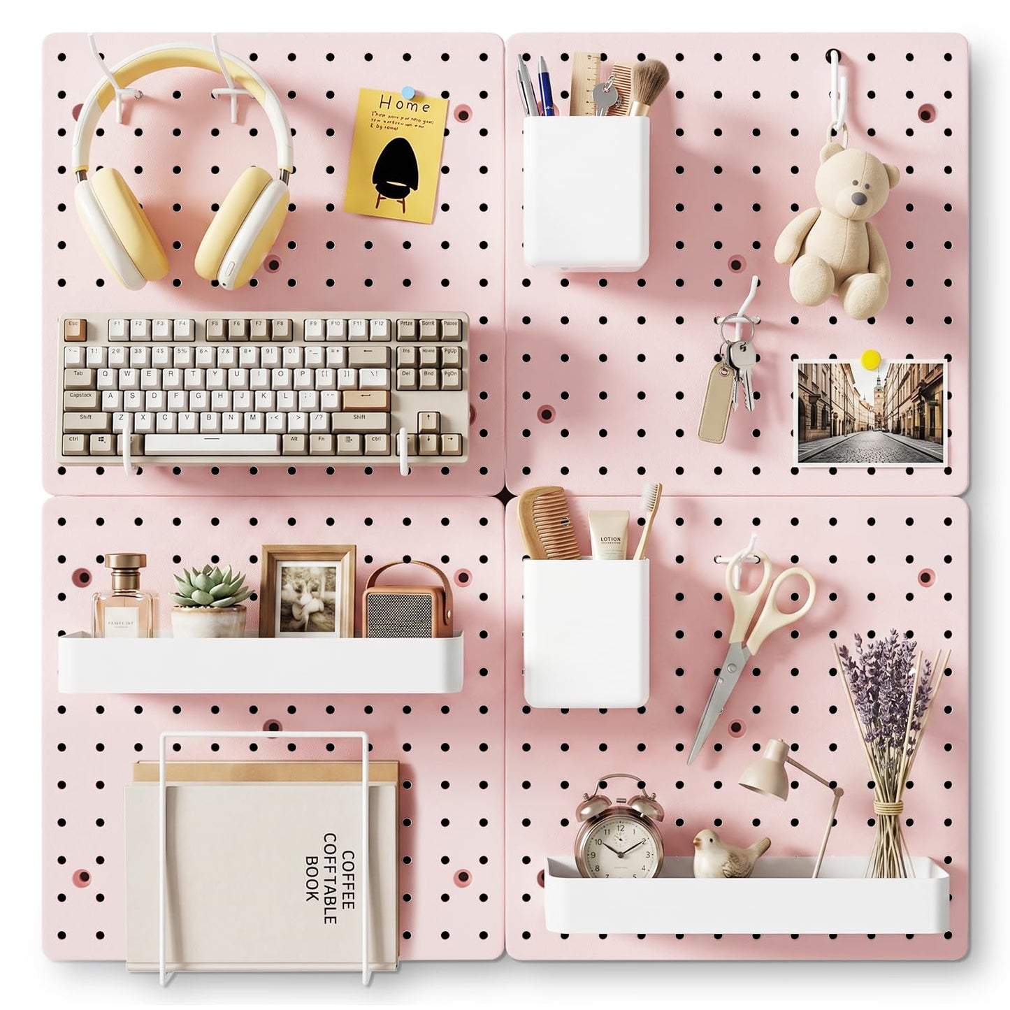 FZK Pink Peg Board Wall Organizer, 12" x 12" Modular Plastic Pegboard Display Panels for Office, Bedroom & Home Decor, Wall Mount Storage Kit with Hooks & Shelves (4 Panels)