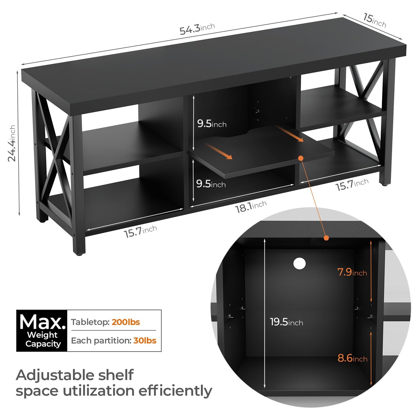 GreenForest TV Stand for TV up to 65 inches, Entertainment Center with 6 Storage Cabinet for Living Room, 55 inch Farmhouse Television Stands Console Table, Industrial TV stands for Living Room, Black