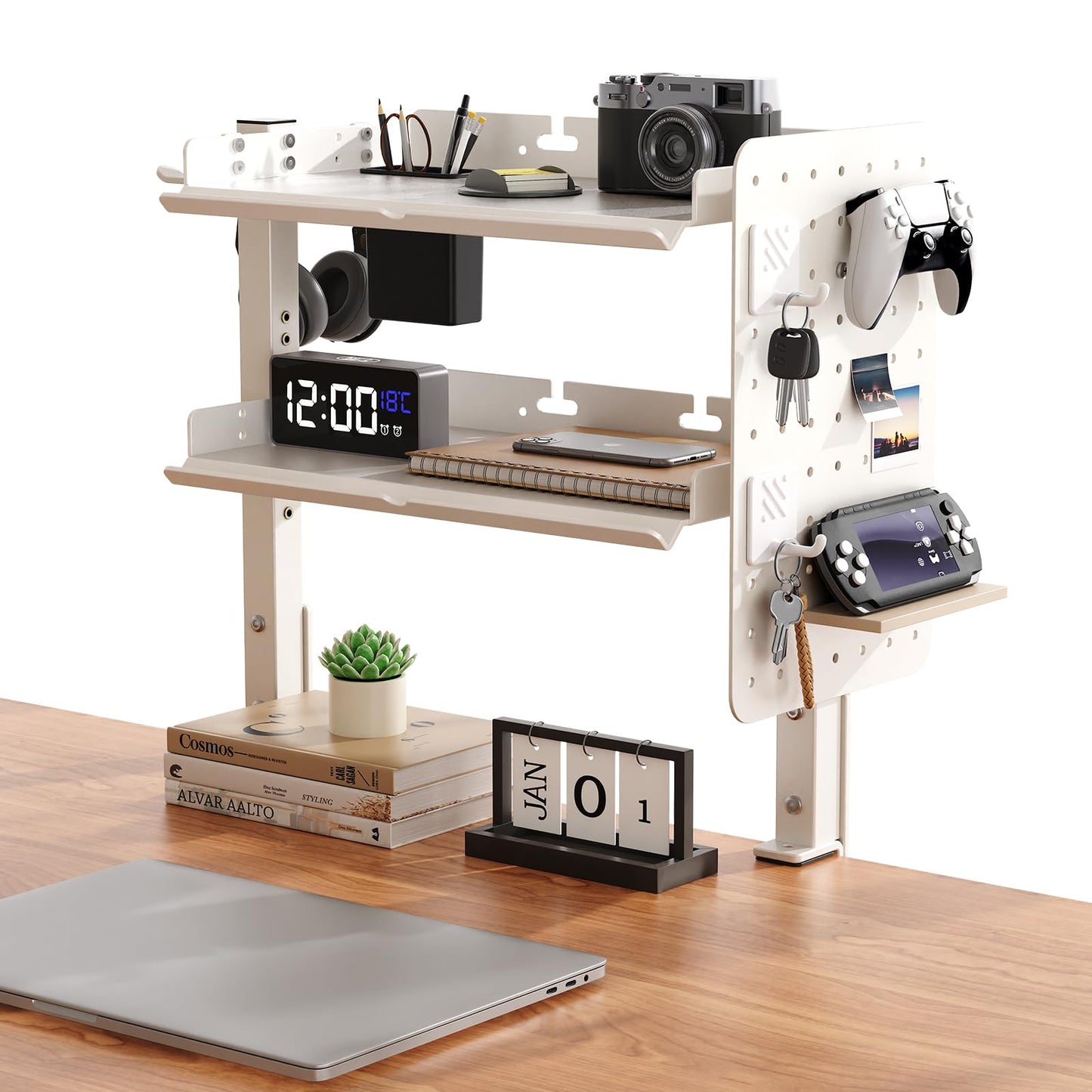2-Tier Steel Clamp On Desk Shelf, Adjustable 16 inch Desk Storage Shelves with Pegboard and Pencil Holder,Above or Under Heavy Duty Desktop Organizer with Headphone Holder for Desk Accessories (White)