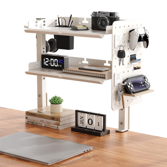 2-Tier Steel Clamp On Desk Shelf, Adjustable 16 inch Desk Storage Shelves with Pegboard and Pencil Holder,Above or Under Heavy Duty Desktop Organizer with Headphone Holder for Desk Accessories (White)