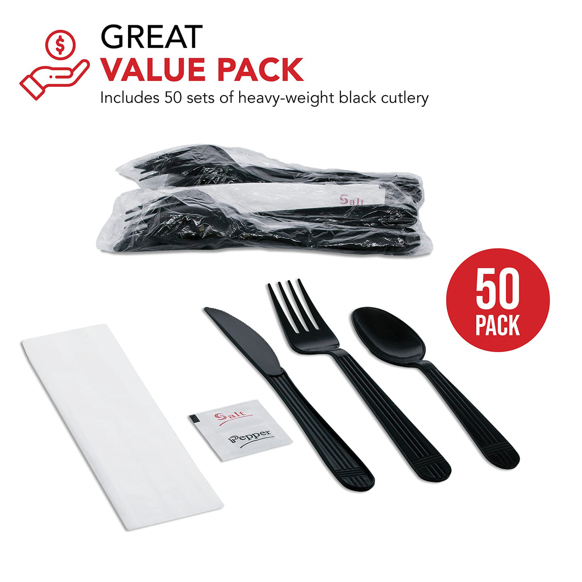 Party Essentials Individually Wrapped Plastic Cutlery Packets/Heavy Duty Silverware Kits, Fork/Spoon/Knife/Napkin/Salt/Pepper, 50 Utensils Sets, Black