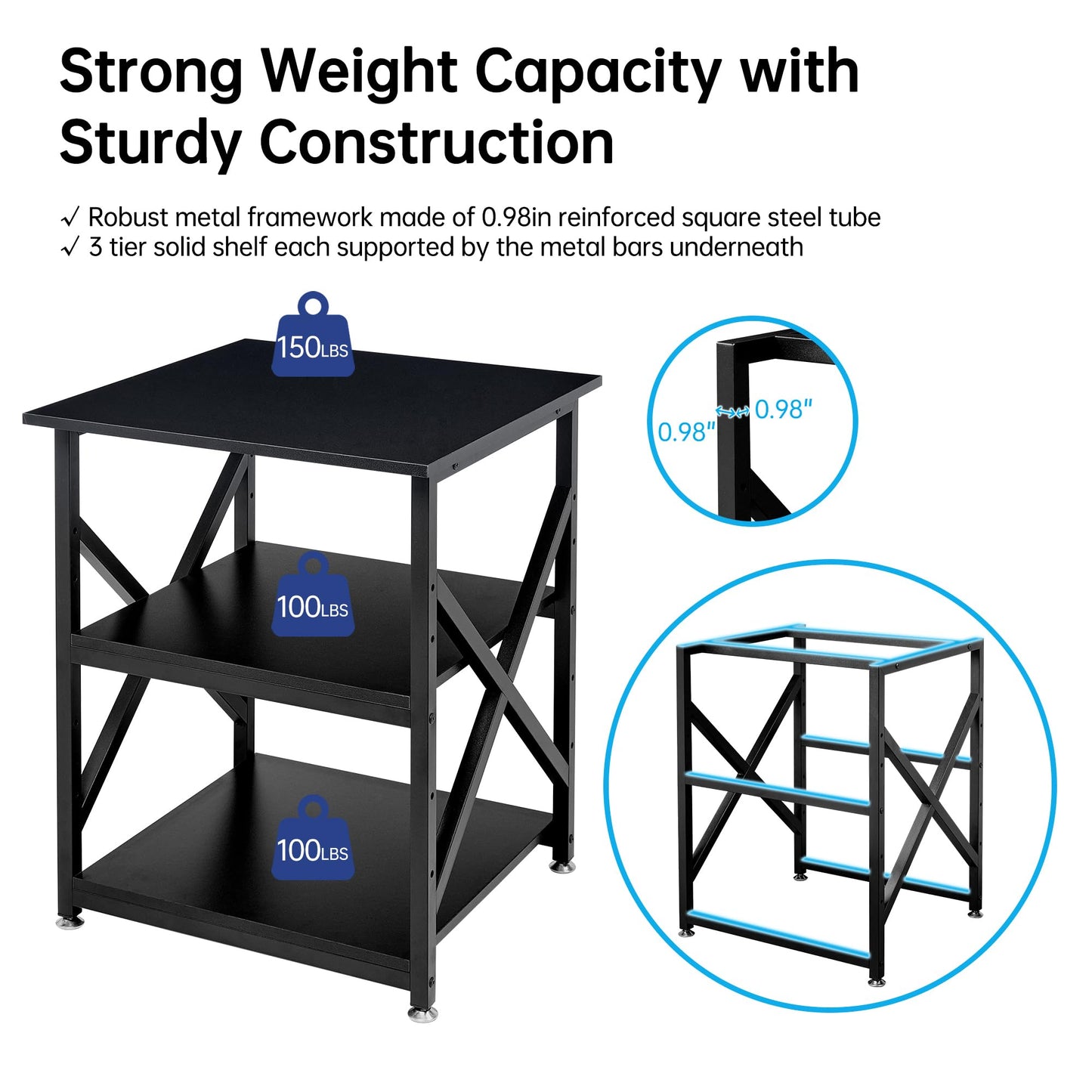 Fannova Printer Stand, 23.6 x 23.6 x 30.1 Inches Large Square Printer Table with Height Adjustable Storage Shelf, 3 Tier Rolling Printer Cart with Industrial Wheels for Home Office - Black