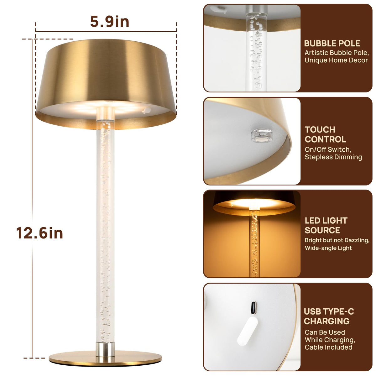 SisiHokai Waterproof Shower Rechargeable Lamp Cordless, LED Touch Battery Operated Table Lamp, Dimmable, Modern Home Decor, Outdoor, Patio, Bathroom, Bedroom, Bedside, Kitchen, Gold