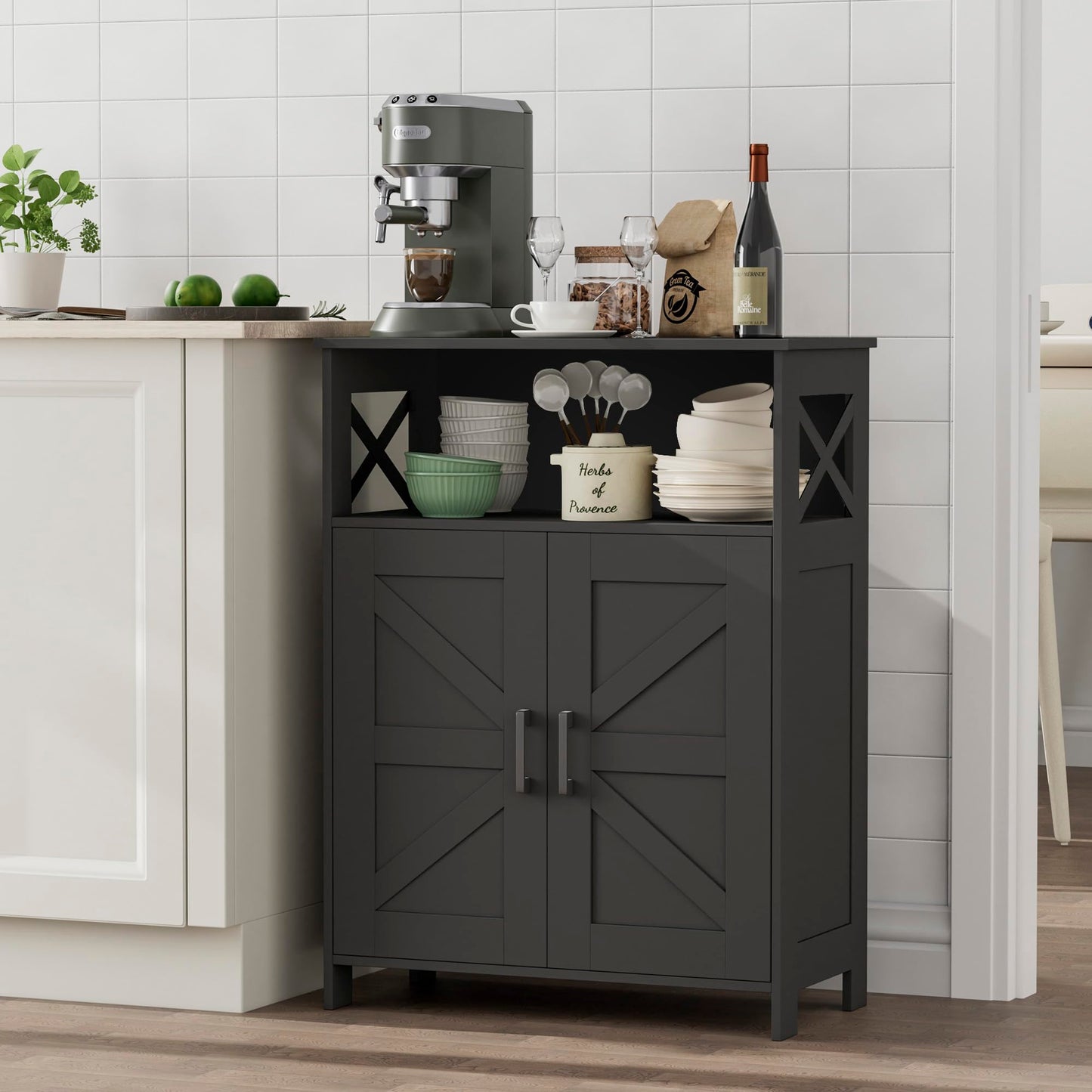 Homhedy Farmhouse Bathroom Storage Cabinet with 2 Doors, Toilet Paper Cabinet with Adjustable Shelf, Small Bathroom Cabinet for Kitchen/Laundry/Living Room, 11.8 x 23.6 x 31.5 Inches, Black