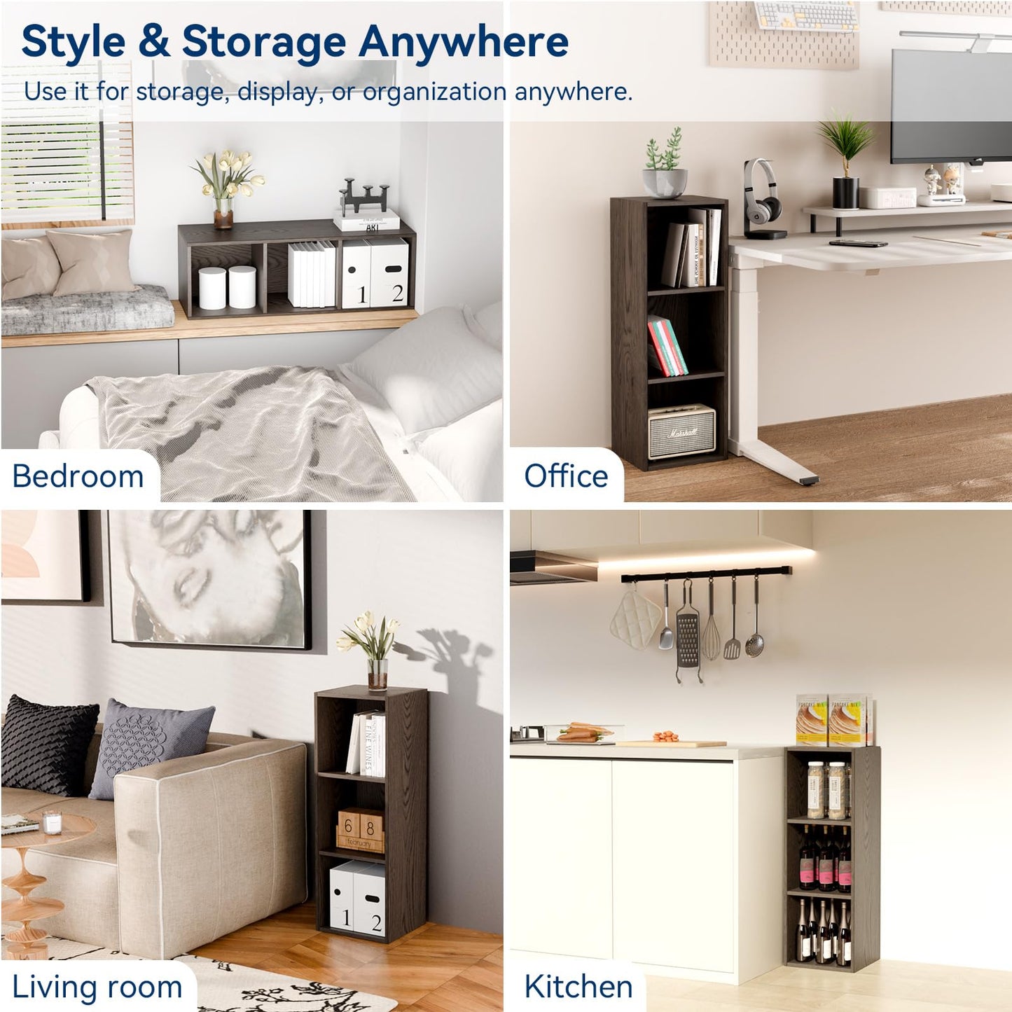 Whitmor 3 Cube Bookcase, 3 Tier Stackable MDF Bookself, Open Storage Display Organizer, Storage Cabinet for Living Room, Bedroom, Home, Office, 12.2" L x 11.7" W x 35.6" H, Espresso