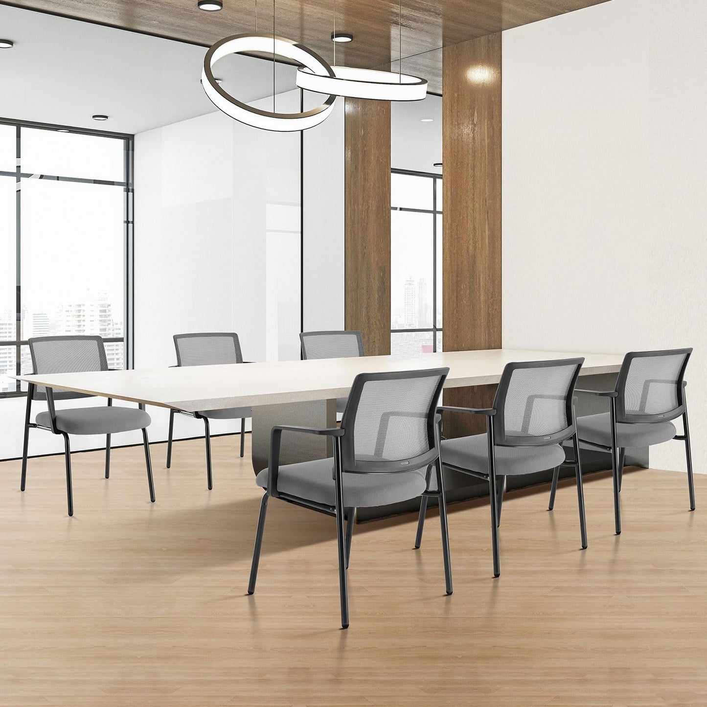 Mesh Back Stacking Arm Chairs, Office Reception Guest Chair with Upholstered Fabric Seat and Ergonomic Lumber Support, Sturdy Metal Office Chairs, Grey-1pack