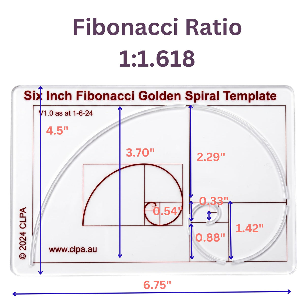 6" Fibonacci Spiral Stencil Template — Golden Ratio Tool for Drawing — Fibonacci Template — Geometric Stencil for Art, Drafting and Quilting — Clear PETG — Made in Australia