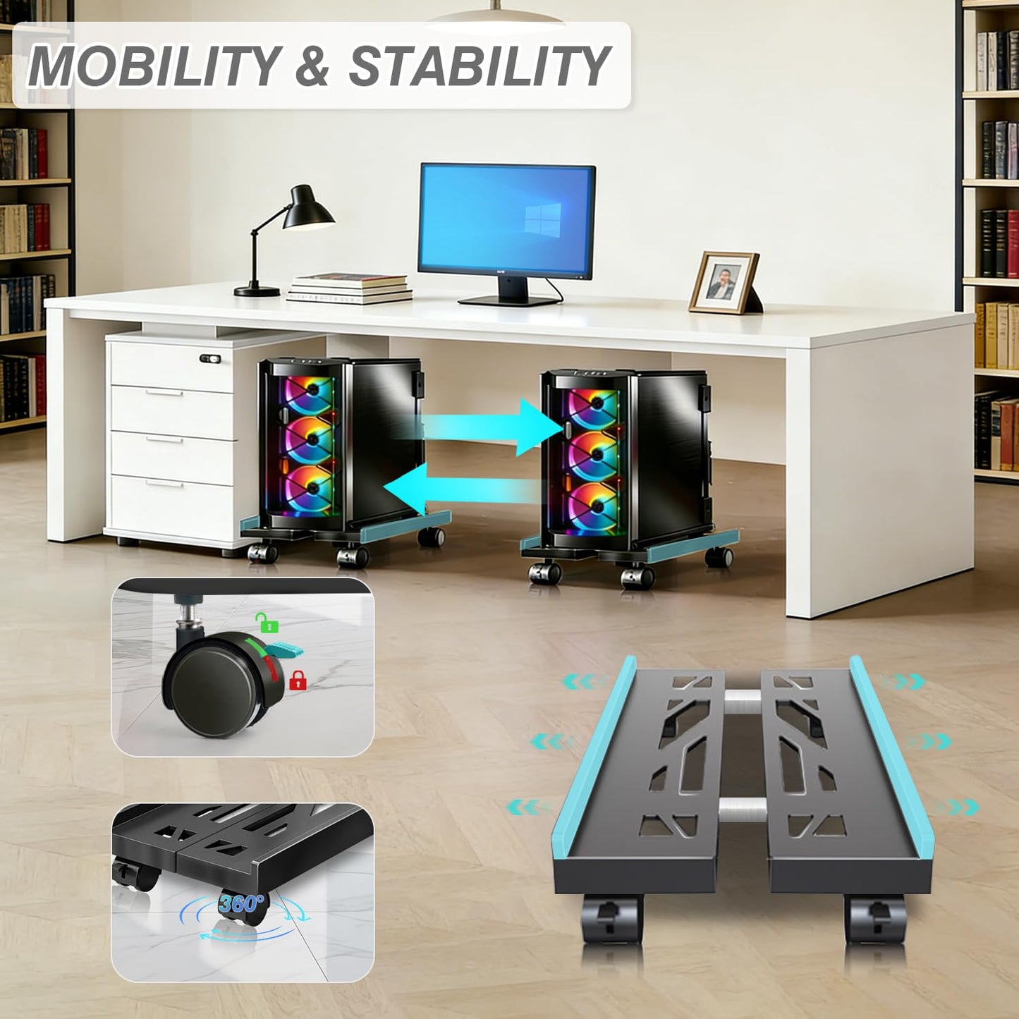 PC Stand, Mobile CPU Stand for Floor, Adjustable CPU Rolling Stand, Under Desk Computer Tower Stand, Computer Mobile Cart Holder with Locking Caster Wheels PC Tower Stand for Home and Office - Black